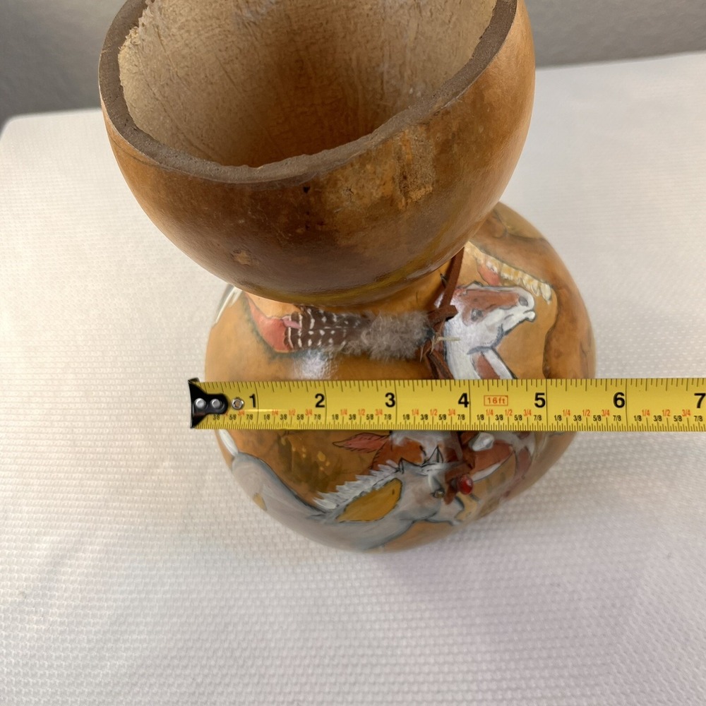 Hand Painted Horse Heads Gourd Art Pot Vase, Signed 10" tall - Picture 11 of 11